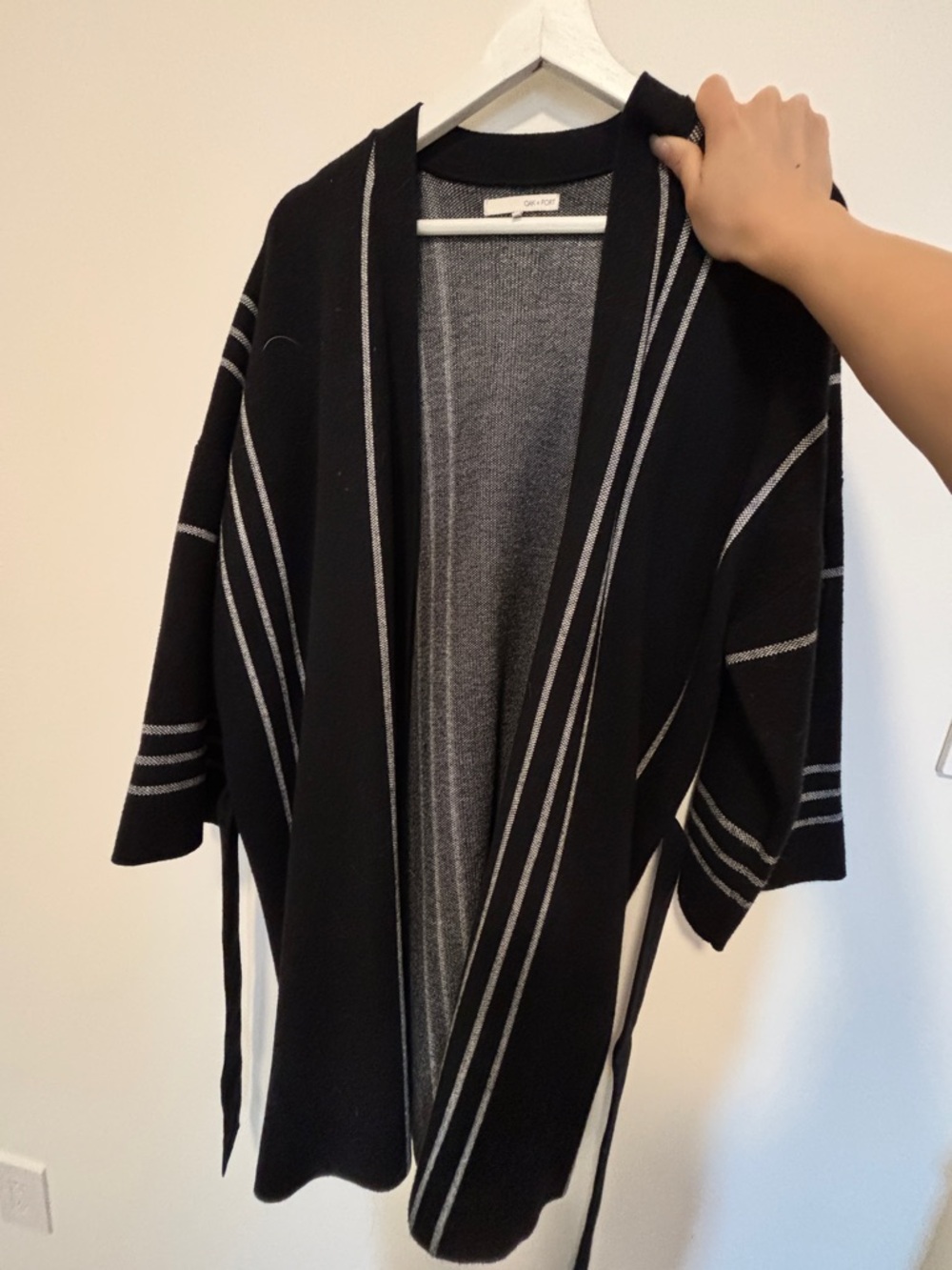 OAK + FORT Black Open-Front Cardigan with Gray Stripe Detail